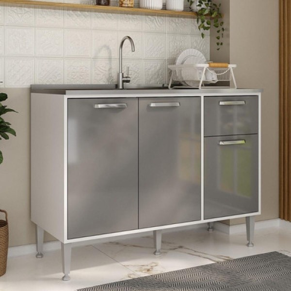 Balcão de Cozinha Gabinete Pia 105cm 3 Portas 1 Gaveta Siena Multimóveis MP2190 Branco/Lacca Fumê