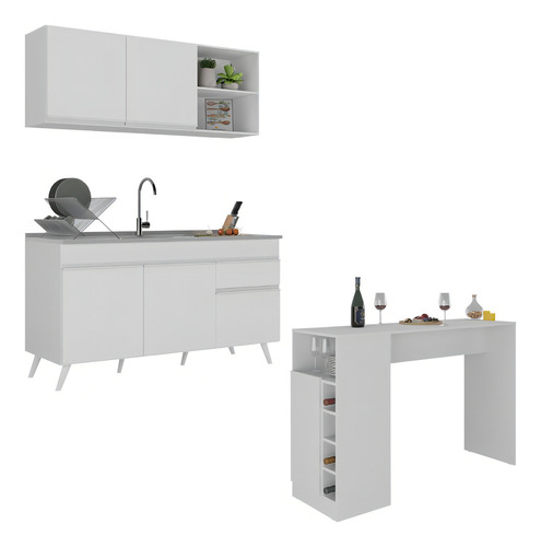 Armário De Cozinha Compacta Com Mesa Gourmet Veneza Multimóveis Mp2201 Branco/dourado Branco/dourado