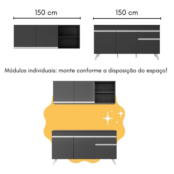 Encontraproduto.com.br - Armário De Cozinha Compacta Com Mesa Gourmet Veneza Multimóveis Mp2201 Preto/branco Preto/branco