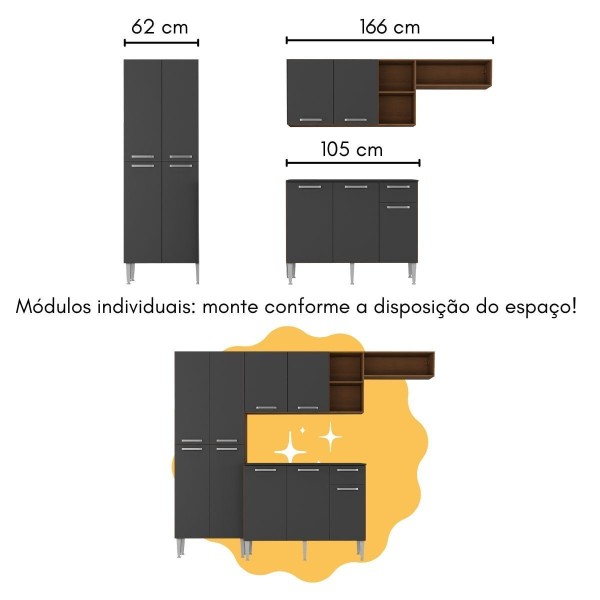 Encontraproduto.com.br - Armário De Cozinha Compacta Com Bancada Americana Pequim Multimóveis Mp2204 Carvalho Avelã/preto Carvalho Avelã/preto