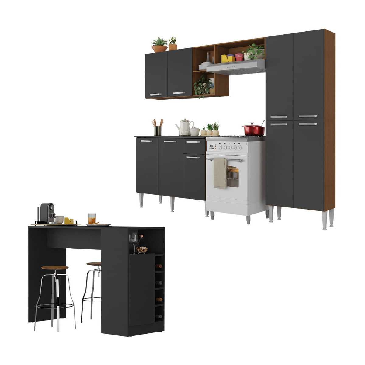 Armário De Cozinha Com Mesa Gourmet Pequim Multimóveis Mp2205 Carvalho Avelã/preto Carvalho Avelã/preto