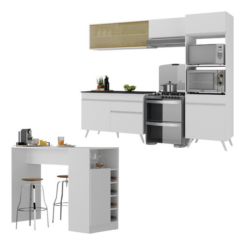 Armário De Cozinha Modulado Com Bancada Americana Multimóveis Mp2209 Branco/dourado Branco/dourado