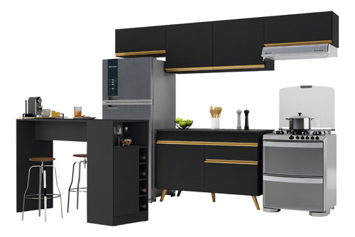 Armário De Cozinha Modulado Com Bancada Veneza Multimóveis Mp2212 Preto/dourado Preto/dourado