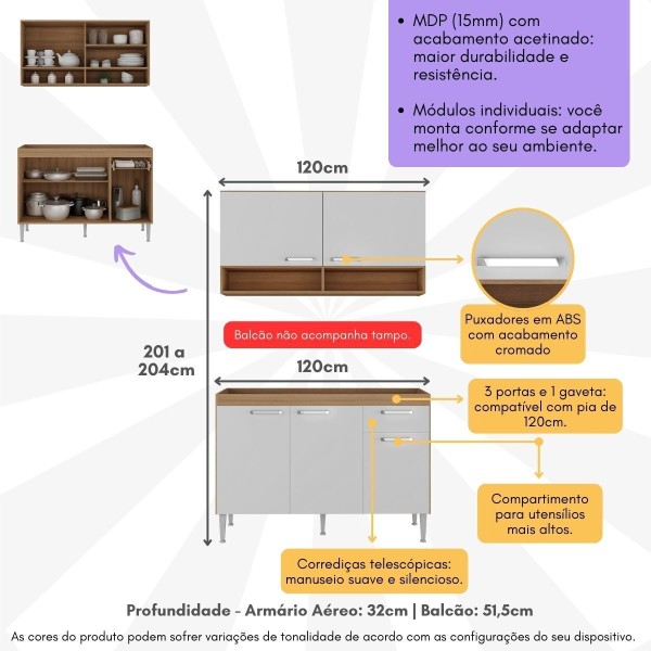 Encontraproduto.com.br - Cozinha Compacta 120cm Com Armário E Balcão Para Pia Paris Multimóveis Rustic-branco Rustic-branco