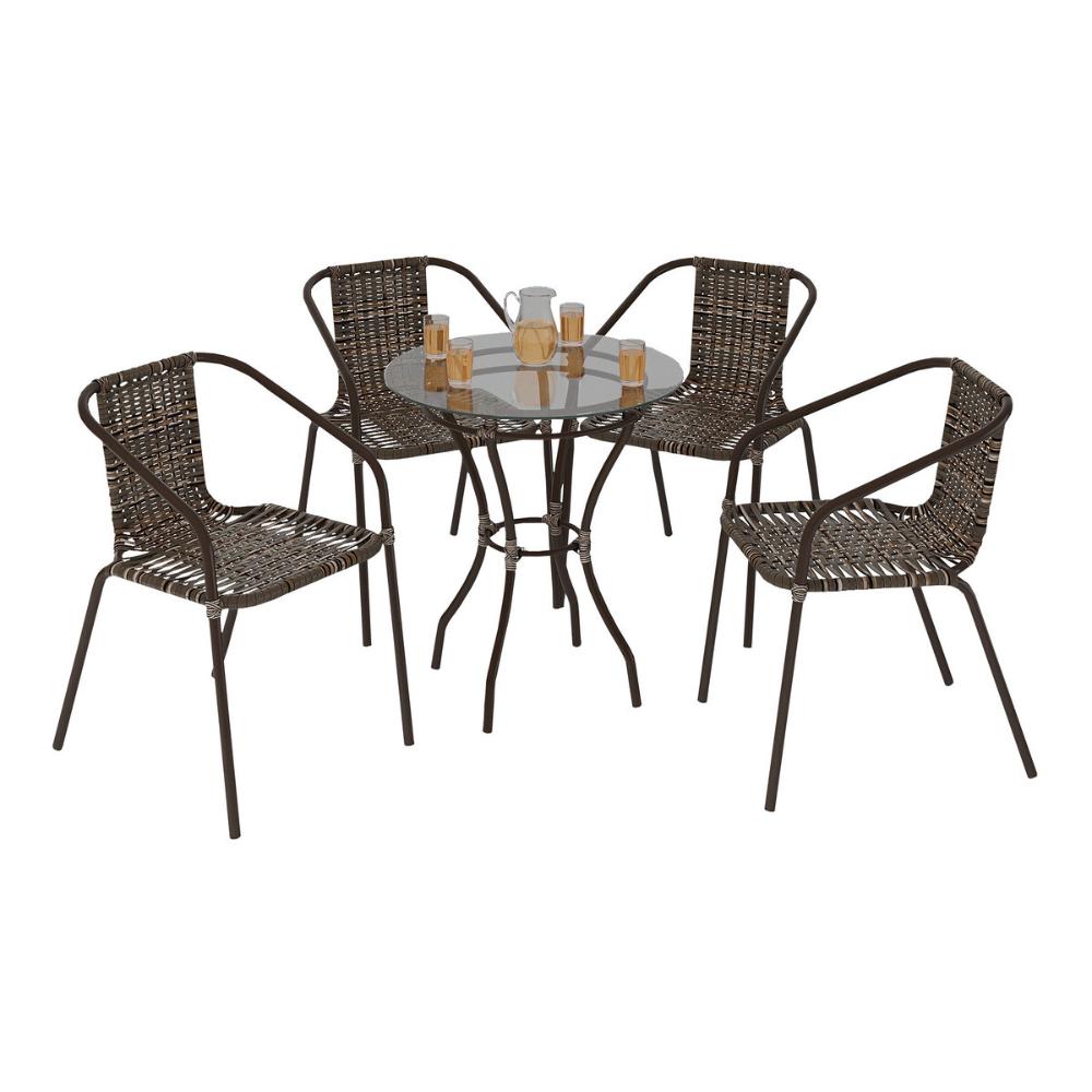 Encontraproduto.com.br - Conjunto para Jardim com Mesa Vidro 60cm e 4 Cadeiras Junco Sintético Multimóveis CR8008 Café Mesclado