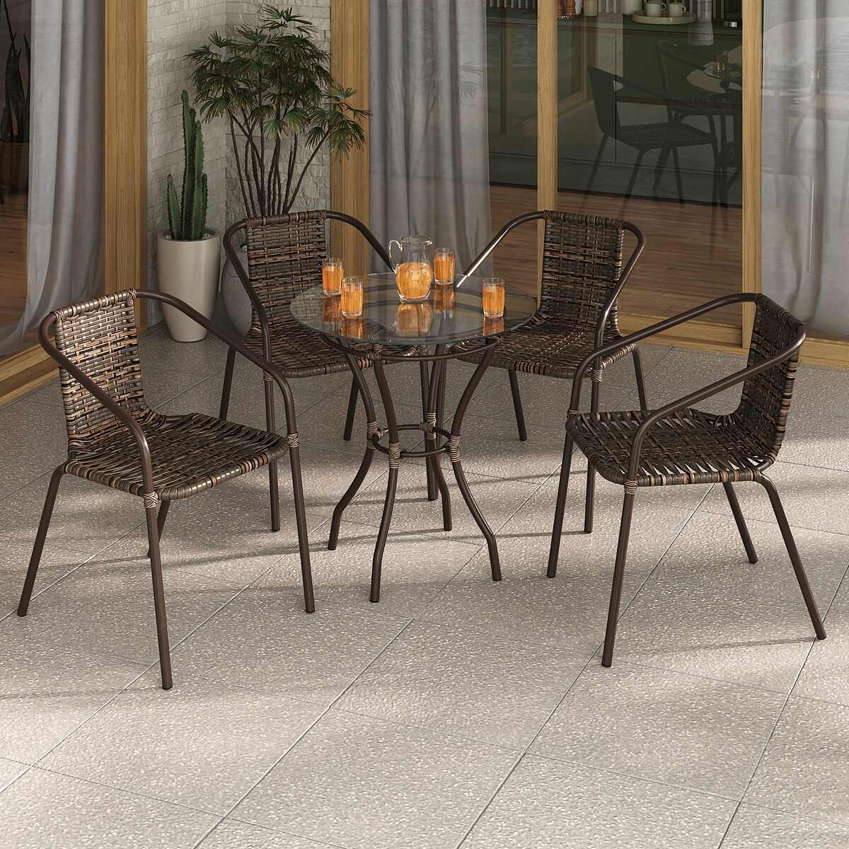 Encontraproduto.com.br - Conjunto para Jardim com Mesa Vidro 60cm e 4 Cadeiras Junco Sintético Multimóveis CR8008 Café Mesclado