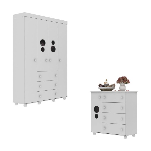 Encontraproduto.com.br - Kit Guarda-Roupas Infantil 4 Portas 3 Gavetas e Cômoda 1 Porta 4 Gavetas Pimpolho Multimóveis MP4209 Branco
