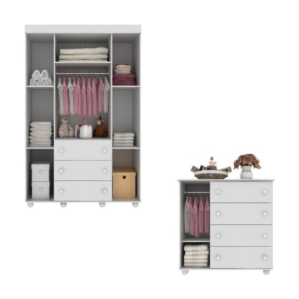 Encontraproduto.com.br - Kit Guarda-Roupas Infantil 4 Portas 3 Gavetas e Cômoda 1 Porta 4 Gavetas Pimpolho Multimóveis MP4209 Branco