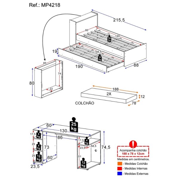 Encontraproduto.com.br - Conjunto Quarto Bicama Com Colchão E Baú/mesa Gamer Multimóveis Mp4218 Branco Branco