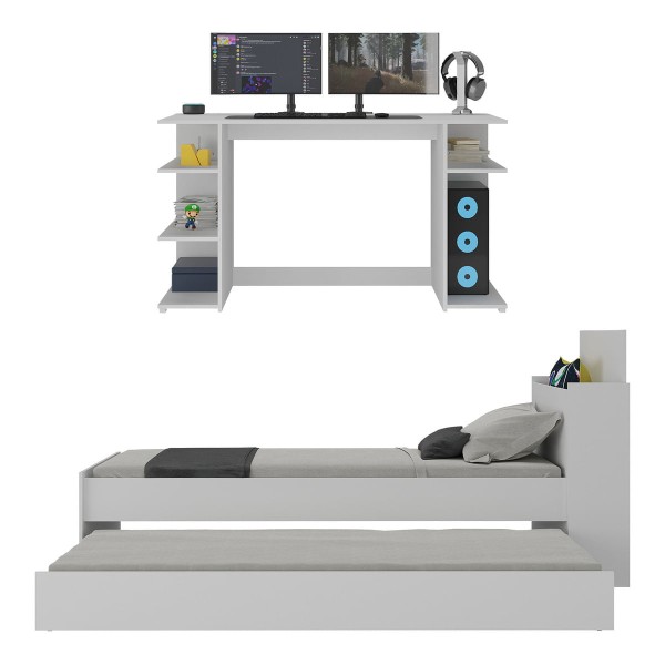 Encontraproduto.com.br - Conjunto Quarto Bicama Com Colchão E Baú/mesa Gamer Multimóveis Mp4218 Branco Branco