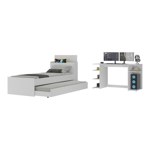 Encontraproduto.com.br - Conjunto Quarto Bicama Com Colchão E Baú/mesa Gamer Multimóveis Mp4218 Branco Branco