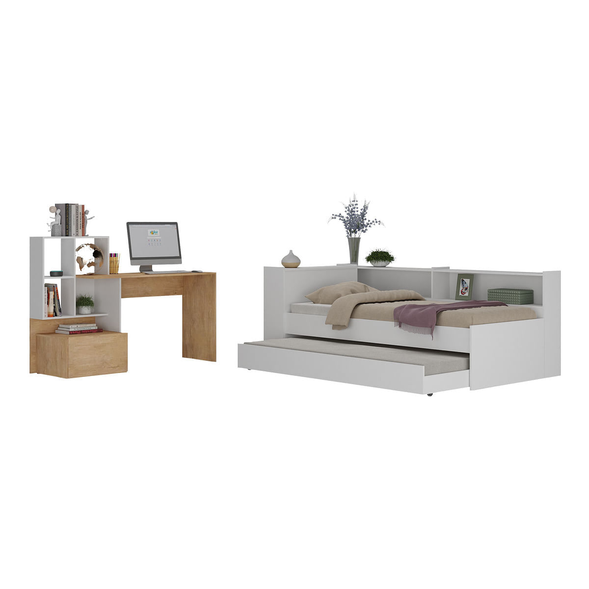 Encontraproduto.com.br - Conjunto Quarto Bicama Com Colchão E Baú/prateleira/escrivaninha Multimóveis Mp4228 Branco/rustic Branco/rustic