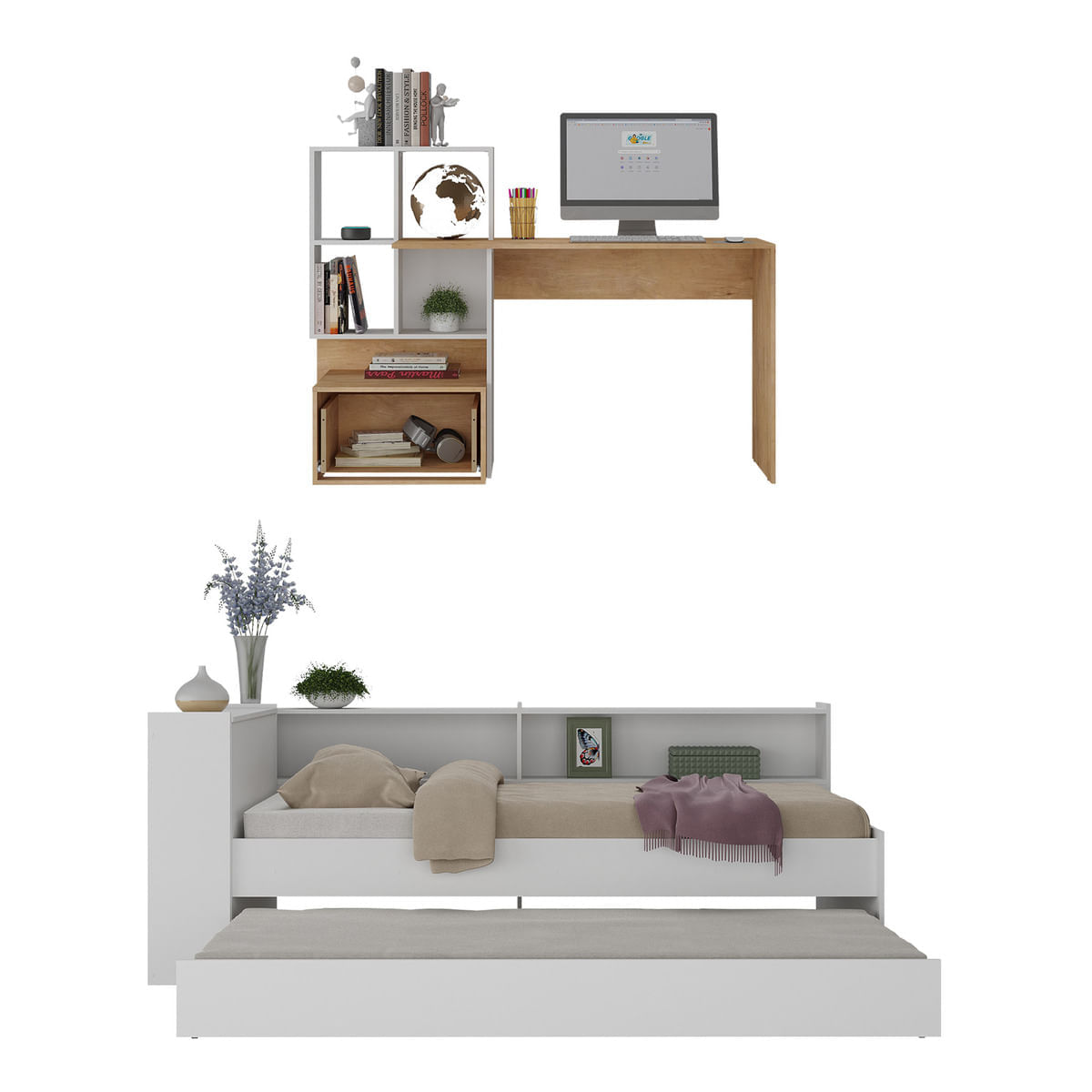 Encontraproduto.com.br - Conjunto Quarto Bicama Com Colchão E Baú/prateleira/escrivaninha Multimóveis Mp4228 Branco/rustic Branco/rustic