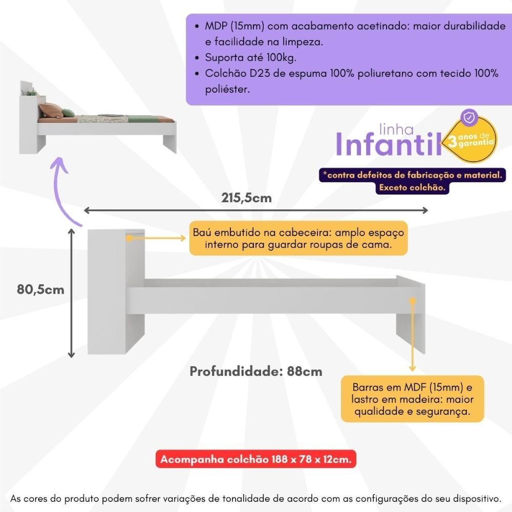 Encontraproduto.com.br - Cama De Solteiro Com Colchão Incluso E Baú Embutido Multimóveis Mp4232 Branco Branco