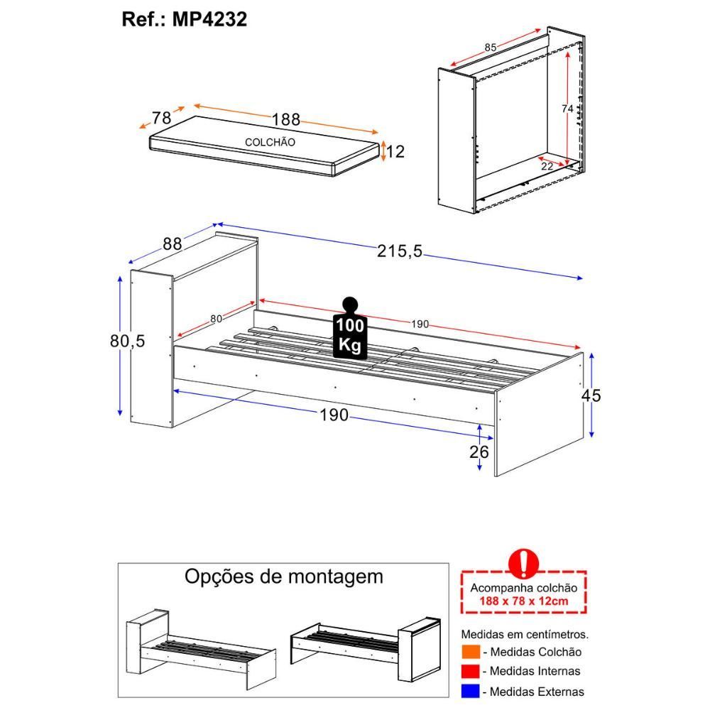 Encontraproduto.com.br - Cama De Solteiro Com Colchão Incluso E Baú Embutido Multimóveis Mp4232 Branco Branco