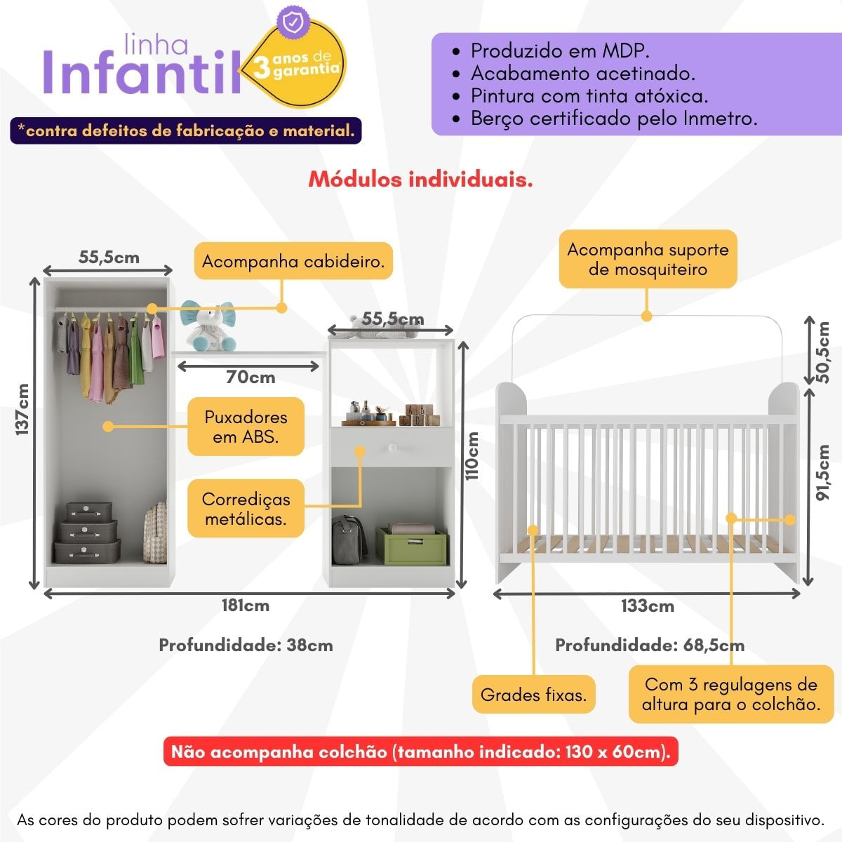 Encontraproduto.com.br - Quarto Infantil Completo com Berço e Armários Gominha Multimóveis BB2869 Branco