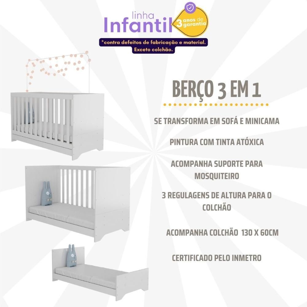 Encontraproduto.com.br - Berço 3 em 1 com Colchão Incluso Pipoca Multimóveis BB0527C Branco