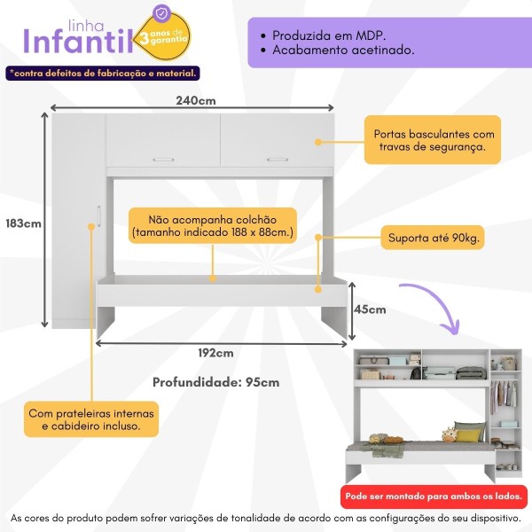 Encontraproduto.com.br - Cama Solteiro Com Guarda-roupas Para Colchão 88x188 Cm Casadinho Multimóveis Bb2650 Branco Branco
