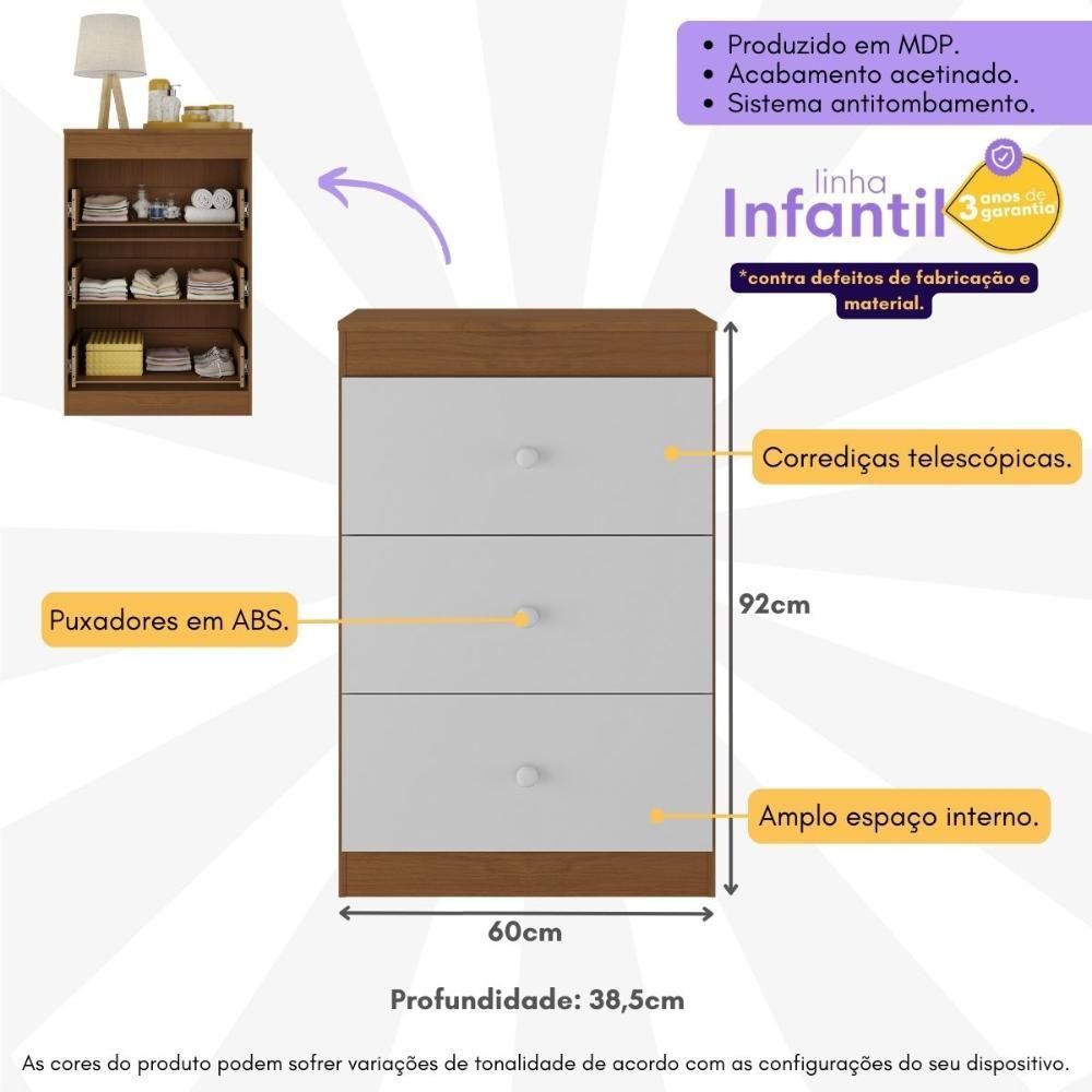 Encontraproduto.com.br - Cômoda Infantil com 3 Gavetas Doce de Leite Multimóveis MP2676 Madeirado/Branco