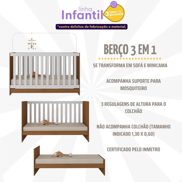 Encontraproduto.com.br - Berço 3 em 1 para Colchão 130 x 60cm Doce de Leite Multimóveis MP0527R Madeirado/Branco