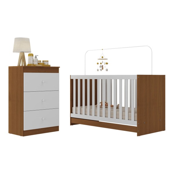 Encontraproduto.com.br - Berço 3 em 1 com Cômoda 3 Gavetas e Colchão Incluso Doce de Leite Multimóveis MP4240 Madeirado/Branco