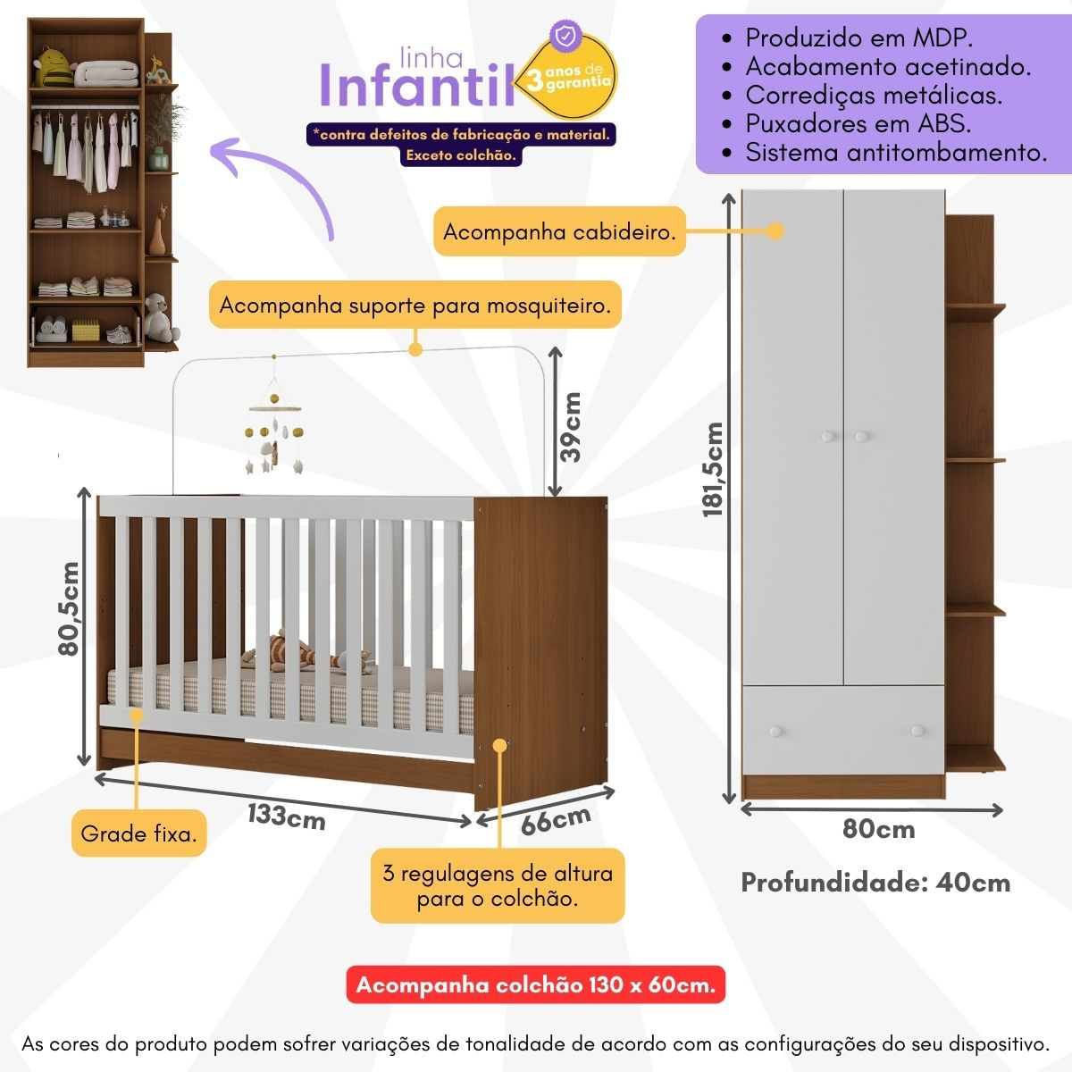 Encontraproduto.com.br - Berço 3 em 1 com Guarda-Roupas 2 Portas 1 Gaveta e Colchão Incluso Doce de Leite Multimóveis MP4242 Madeirado/Branco