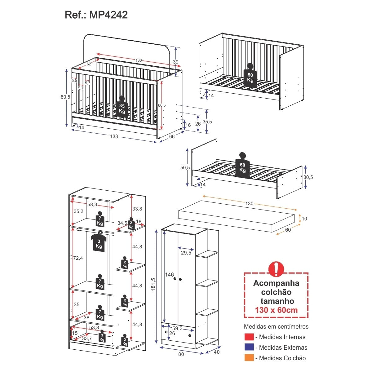 Encontraproduto.com.br - Berço 3 em 1 com Guarda-Roupas 2 Portas 1 Gaveta e Colchão Incluso Doce de Leite Multimóveis MP4242 Madeirado/Branco