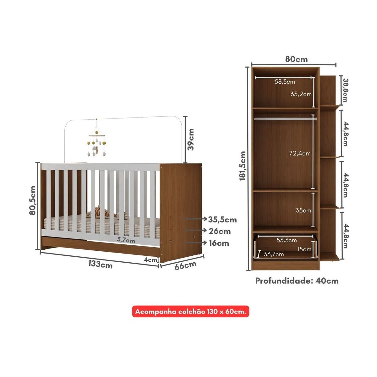 Encontraproduto.com.br - Berço 3 em 1 com Guarda-Roupas 2 Portas 1 Gaveta e Colchão Incluso Doce de Leite Multimóveis MP4242 Madeirado/Branco