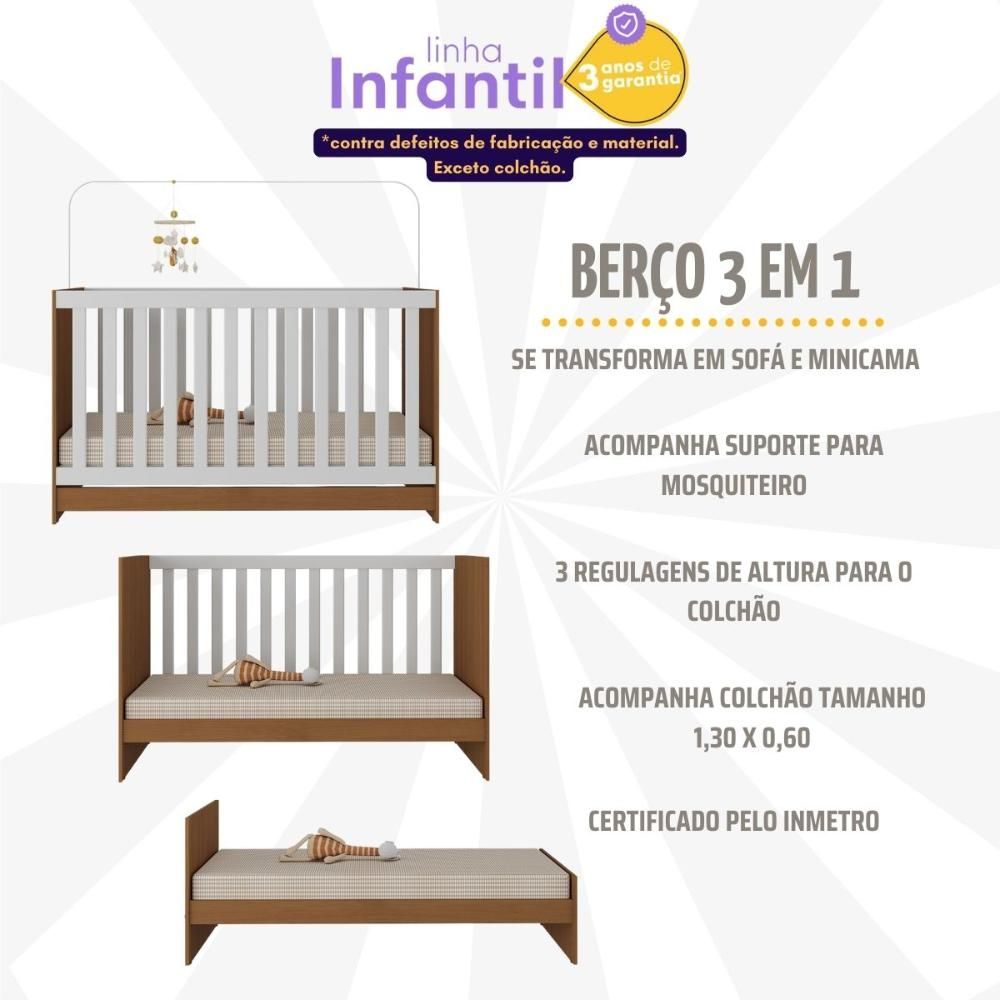 Encontraproduto.com.br - Berço 3 em 1 com Colchão Incluso Doce de Leite Multimóveis MP4244 Madeirado/Branco