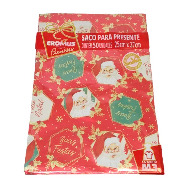 Encontraproduto.com.br - Saco P/ Presente Tema Natal Pacote C/ 50 Unidades 25x37cm Modelos Sortidos Cromus Embalagem