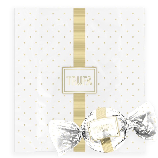 Encontraproduto.com.br - Embalagem Para Trufas e Bombons Petit Poá Branco/Ouro 14,5X15,5CM 100 Unidades 12500076 CROMUS