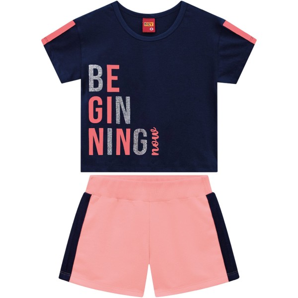 Encontraproduto.com.br - Conjunto Infantil Feminino Blusa + Short Kyly Moving Azul Marinho