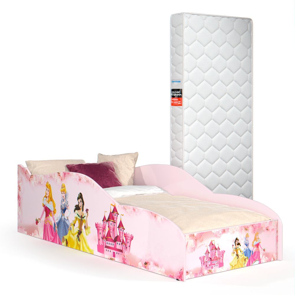 Cama Montessoriana Infantil Princesa com Colchão e Proteção Lateral para Quarto de Criança Menina