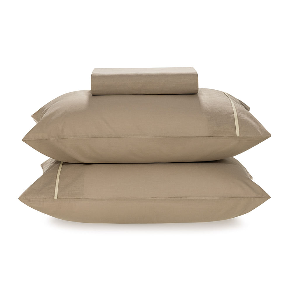 Lençol Queen com Elástico e Fronhas 100% Algodão Noah Taupe/Bege