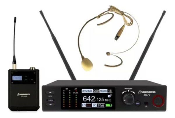 Encontraproduto.com.br - Microfone Sem Fio Profissional de Cabeça UHF SD-70 B - Soundrix