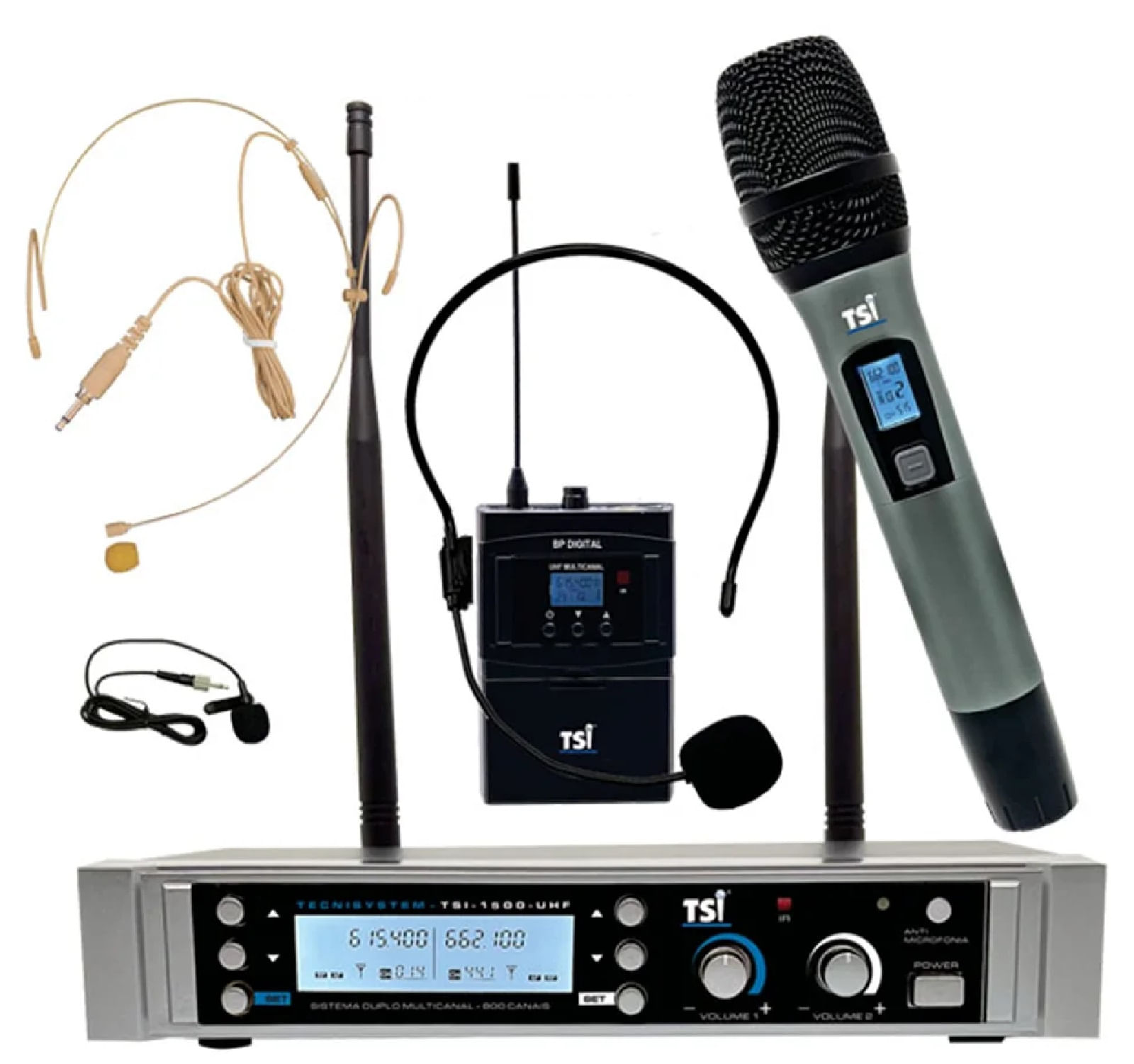 Encontraproduto.com.br - Microfone Sem Fio Duplo 800 Canais TSI-1500-CLI - TSI