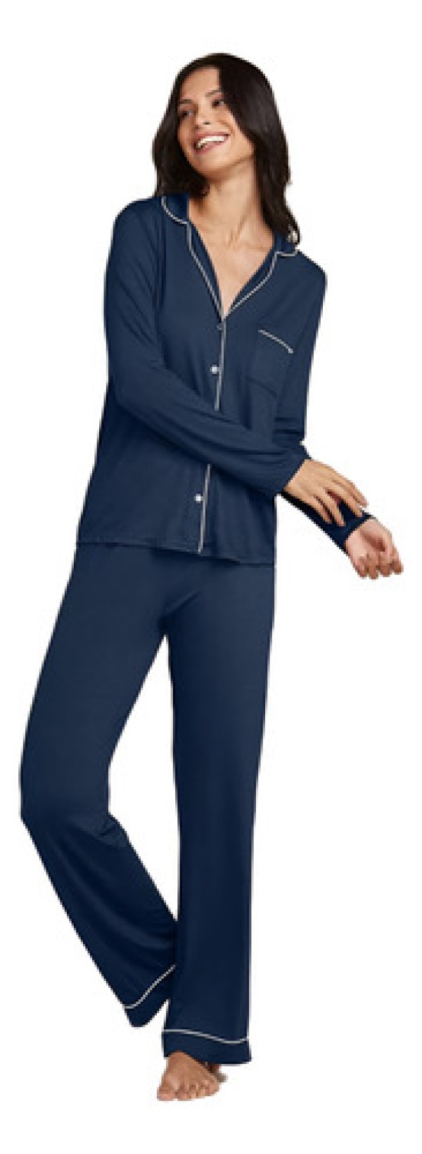 Encontraproduto.com.br - Pijama Longo Em Viscose Com Vivo Contrastante Flora Off White