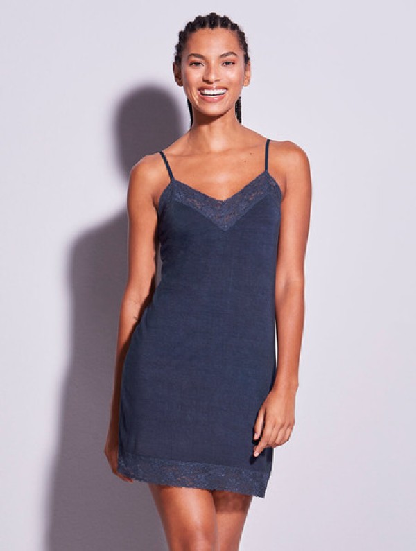Camisola Alças Finas Em Viscose E Renda Happy Azul Cedro