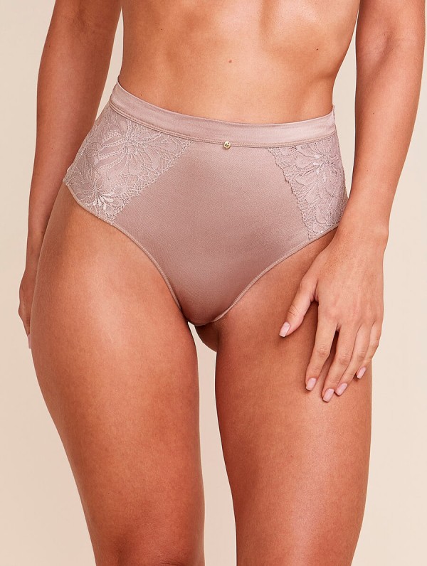 Encontraproduto.com.br - Calcinha Cintura Alta Em Microfibra Acetinada E Renda Cinza Luar