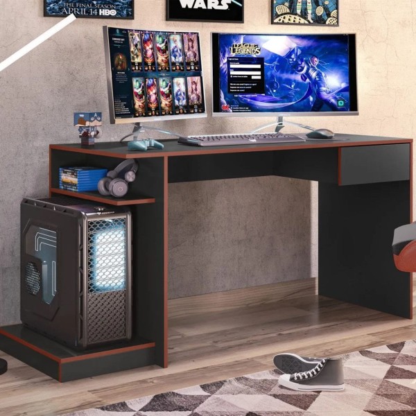 Mesa Escrivaninha Gamer Rubi com 1 Gaveta - Preto/Vermelho