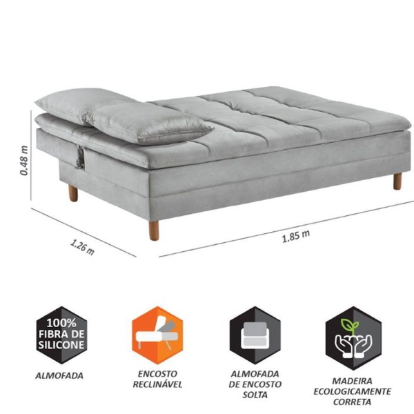 Encontraproduto.com.br - Sofá Cama Vegas Com 2 Puffs E Pé De Madeira Talento Móveis Cinza