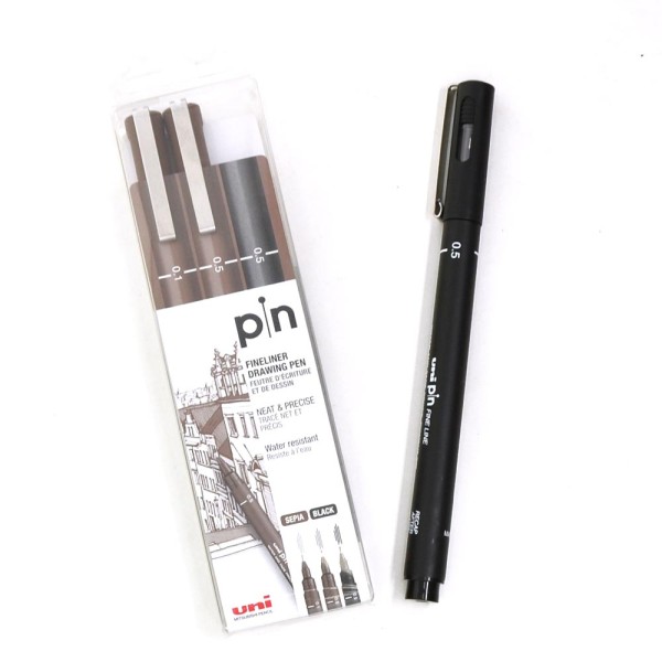 Encontraproduto.com.br - Kit Caneta Nanquim Uni Pin Fine Line Sepia e Preta - 3 Canetas