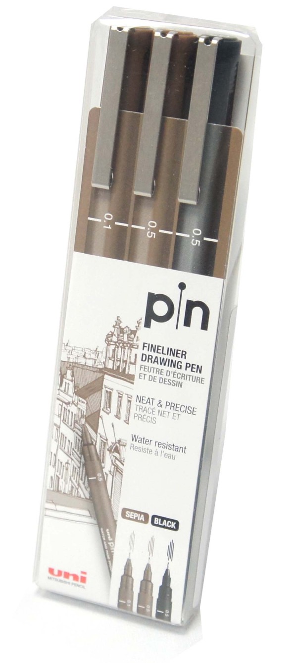 Encontraproduto.com.br - Kit Caneta Nanquim Uni Pin Fine Line Sepia e Preta - 3 Canetas