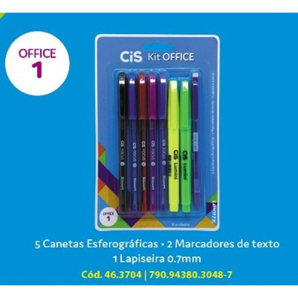 Encontraproduto.com.br - Kit Escrita Office Cis Multicor com 5 Canetas, 2 Marcadores de Textos e 1 Lapiseira 0.7mm