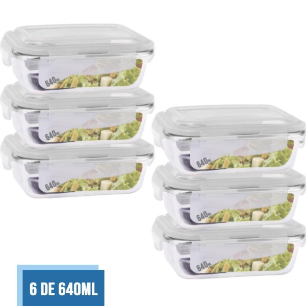 Encontraproduto.com.br - Kit 6 Potes Vidro 640Ml (Forno, Microondas)Retan C/Tampa