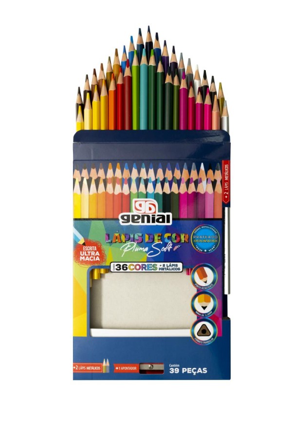 Encontraproduto.com.br - LÁPIS DE COR PLUMA SOFT MADEIRA 36 CORES + 2 CORES METALIZADAS + APONTADOR
