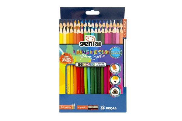Encontraproduto.com.br - LÁPIS DE COR PLUMA SOFT MADEIRA 36 CORES + 2 CORES METALIZADAS + APONTADOR