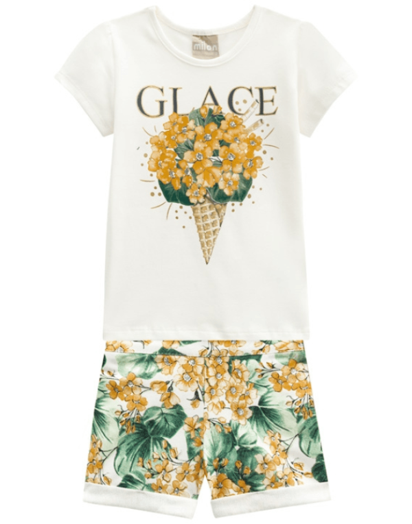 Encontraproduto.com.br - Conjunto Milon Bebê Menina Verão com Strass e Estampa Floral Glace P/G - 12337