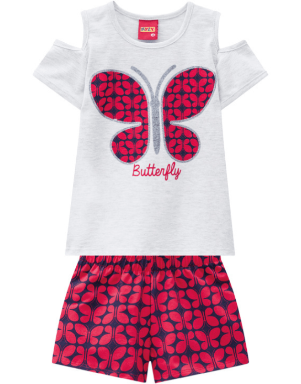 Encontraproduto.com.br - Conjunto Kyly Infantil Menina Verão com Glitter e Estampa Borboleta 4/8 - 110752