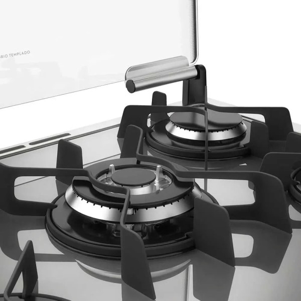 Encontraproduto.com.br - Fogão 5 Bocas Electrolux Prata com Mesa de Vidro e Forno Duplo (76DXV)